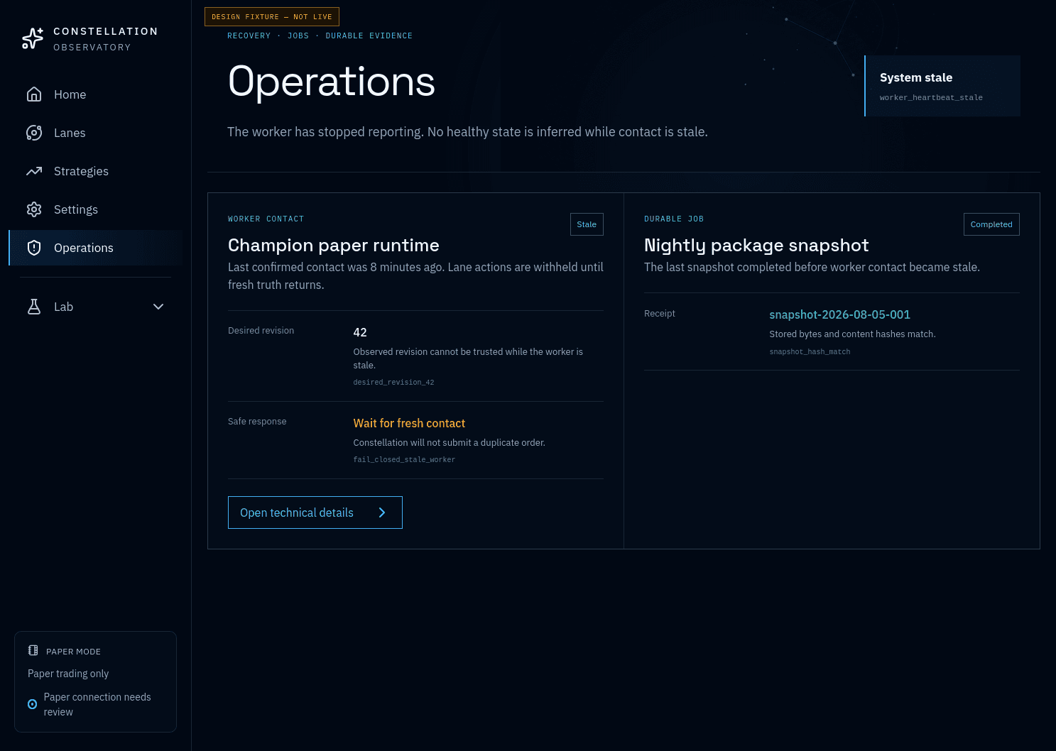 Constellation Operations showing worker state, recovery evidence, and the next safe action